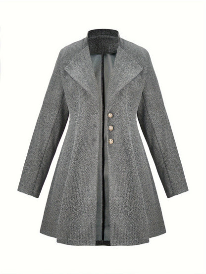 Plus Size Casual Coat, Women's Plus Solid Long Sleeve Button Up Lapel Collar Nipped Waist Tunic Woolen Coat