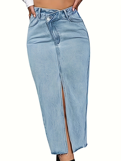 Blue Raw Cut Denim Skirt, Asymmetrical Waist Slant Pockets Washed Denim Midi Skirt, Women's Denim Clothing