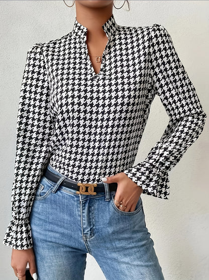 gbolsos  Houndstooth Print Notch Neck Blouse, Elegant Ruffle Trim Lantern Sleeve Blouse For Spring & Fall, Women's Clothing