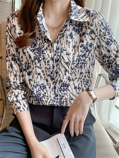 Floral Print Shirt, Vintage Button Front Long Sleeve Shirt, Women's Clothing