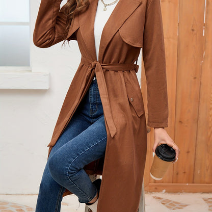 Comfy Belted Trench Coat, Elegant Lapel Neck Long Sleeve Coat, Women's Clothing
