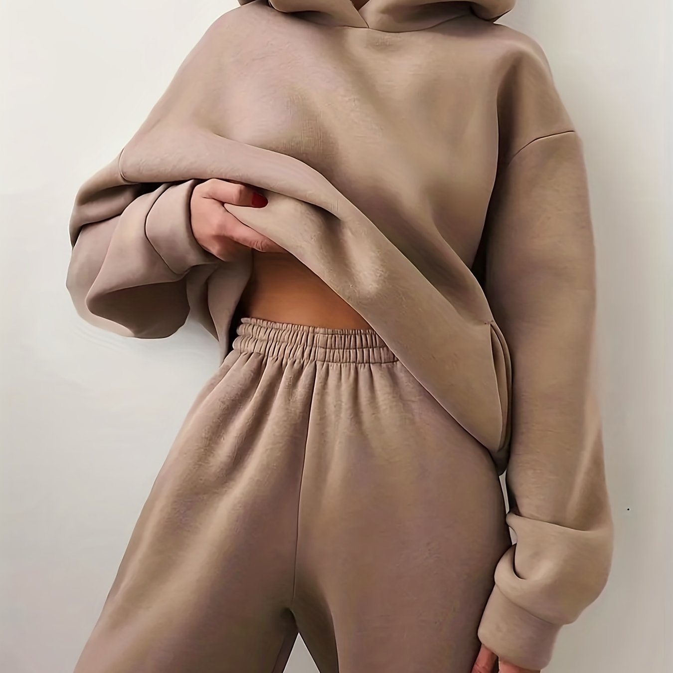 gbolsos  Solid Casual Two Pieces Set, Basic Long Sleeve Drop Shoulder Hoodies & Elastic Waist Workout Pants Outfits, Women's Clothing