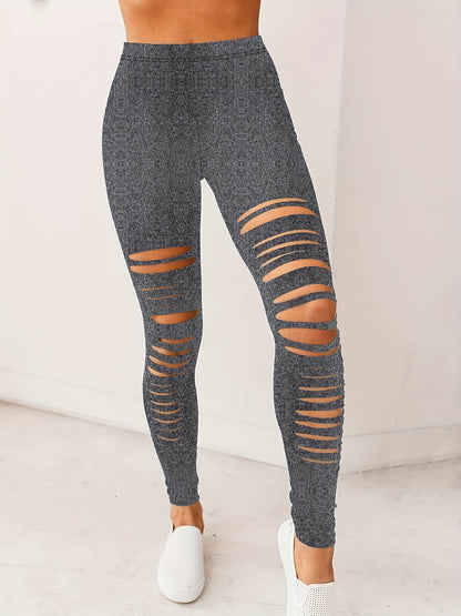 gbolsosBlack Ripped Skinny Pants, Casual High Waist Leggings For Spring & Summer, Women's Clothing