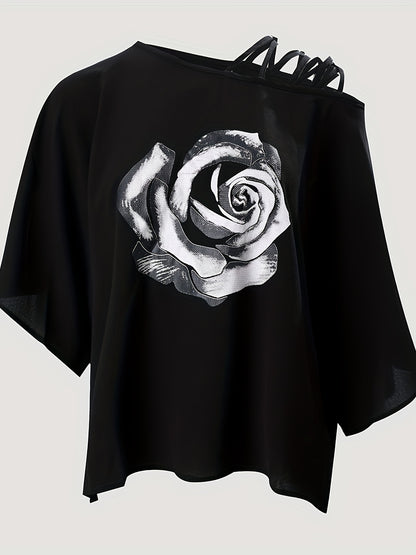 Plus Size Casual Top, Women's Plus Rose Print Criss Cross One Shoulder Slight Stretch Top