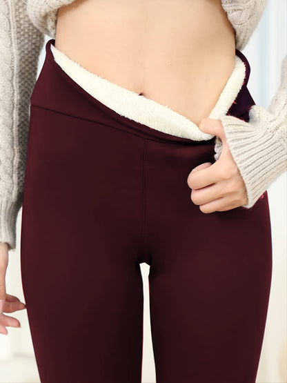 gbolsos  Solid Sherpa Warm Plush Lining Leggings, Casual Stretchy Long Length High Waist Leggings, Women's Clothing