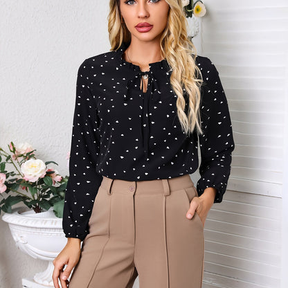 gbolsos  Confetti Heart Print Blouse, Elegant Tie Front Long Sleeve Blouse, Women's Clothing
