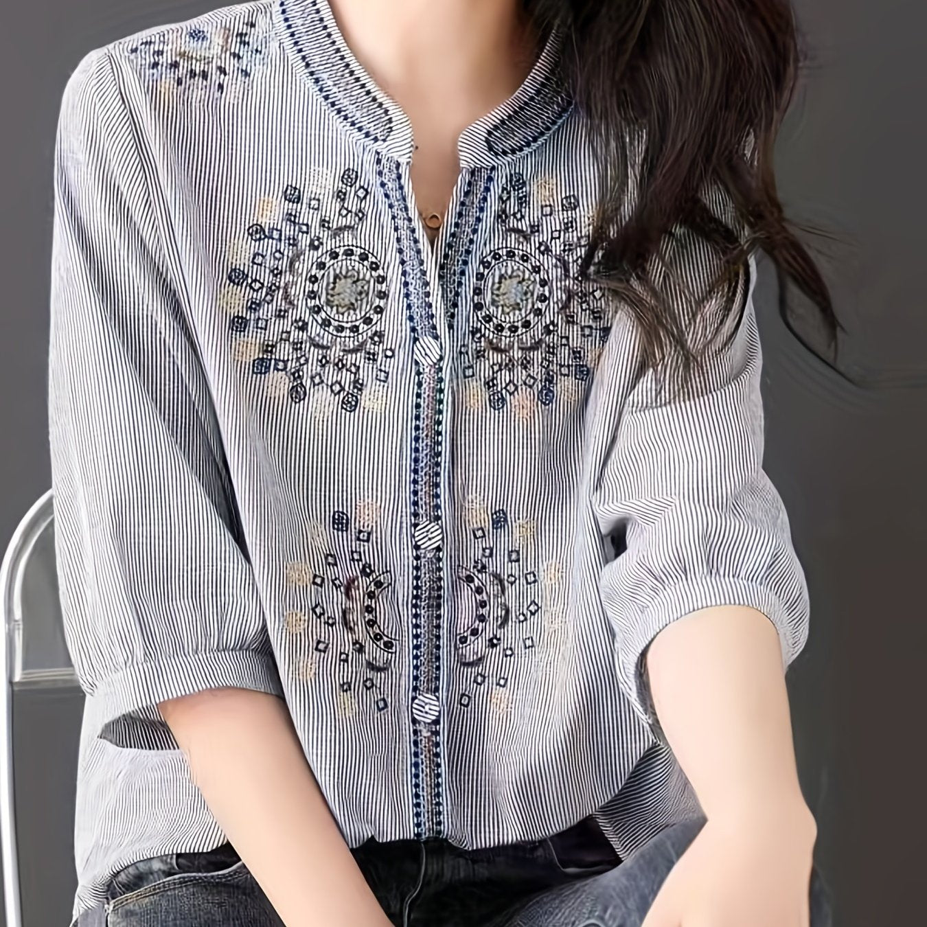 Stand Collar Button Front Blouse, Elegant 3/4 Sleeve Blouse, Women's Clothing