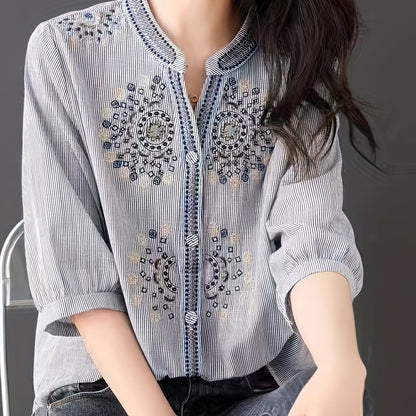 Stand Collar Button Front Blouse, Elegant 3/4 Sleeve Blouse, Women's Clothing