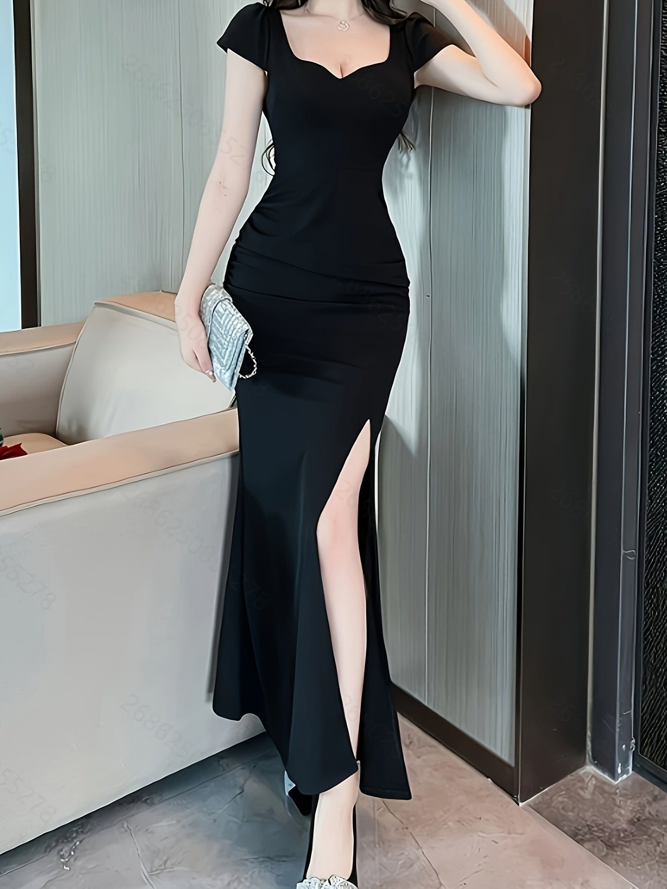 gbolsos Solid Split Thigh Mermaid Dress, Elegant Short Sleeve Sweetheart Neck Dress, Women's Clothing