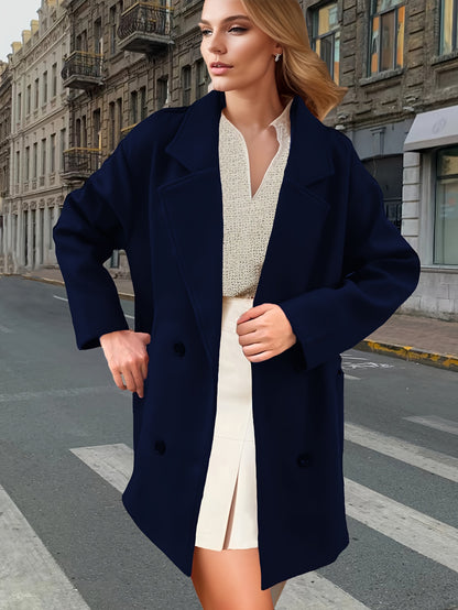 Solid Dual Breasted Notch Collar Overcoat, Casual Long Sleeve Coat For Fall & Winter, Women's Clothing
