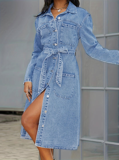 gbolsos  Blue Long Sleeves Denim Dress, Patch Pockets Single Breasted Button With Waistband Lapel Denim Dress, Women's Denim Clothing