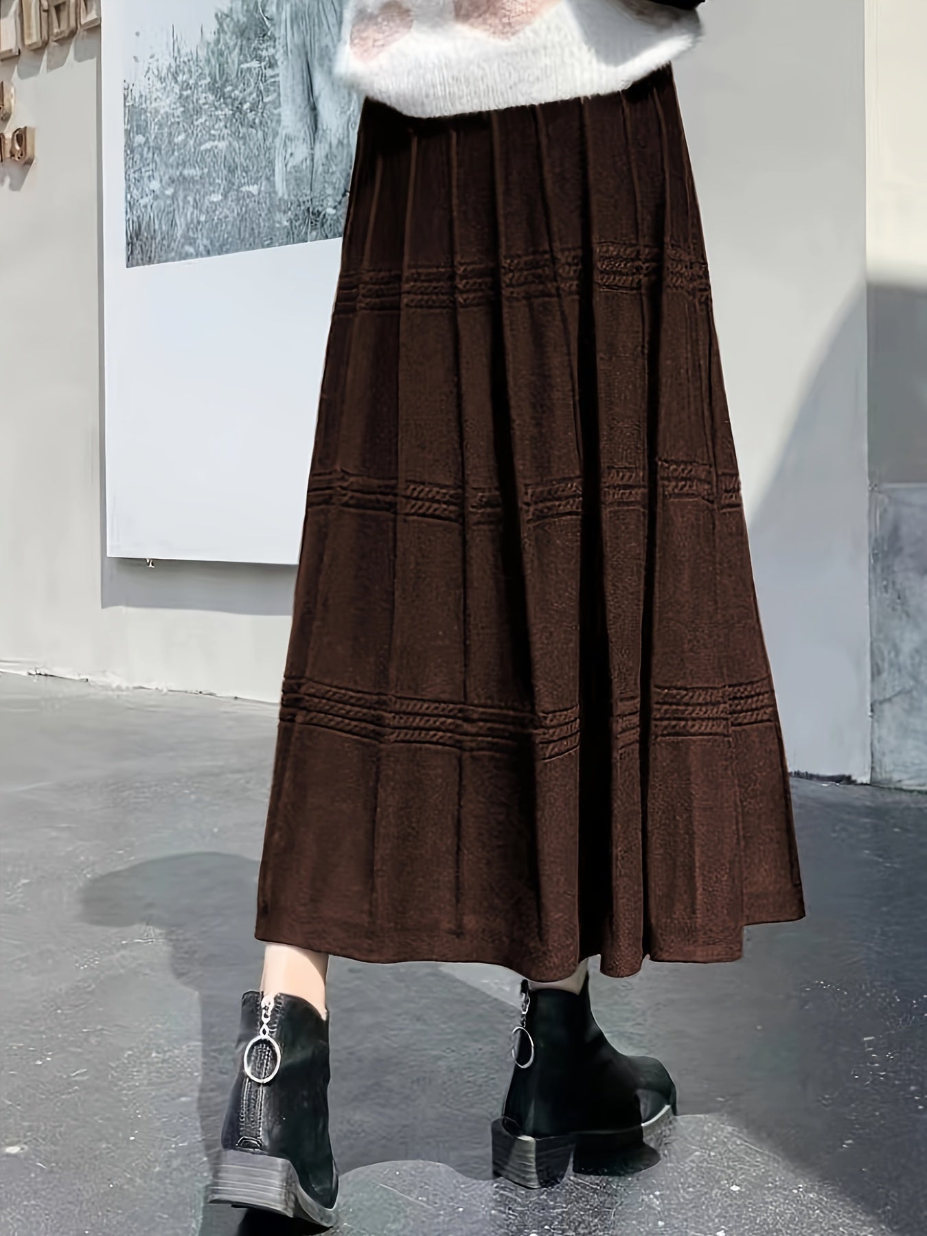 gbolsos  Solid Color Knit Tucked Skirt, Casual Ankle Length Skirt For Fall & Winter, Women's Clothing