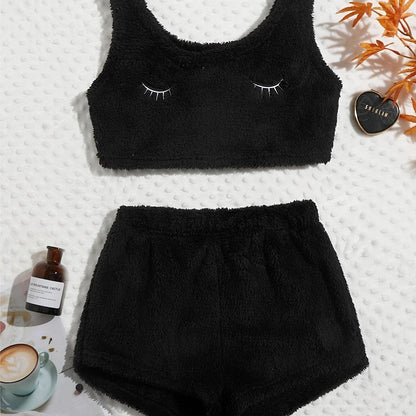 Fluffy Comfortable Pajamas Set, Crop Tank Sleeveless Top & Comfortable Shorts Loungewear Set For Valentine's Gifts, Women's Loungewear & Sleepwear