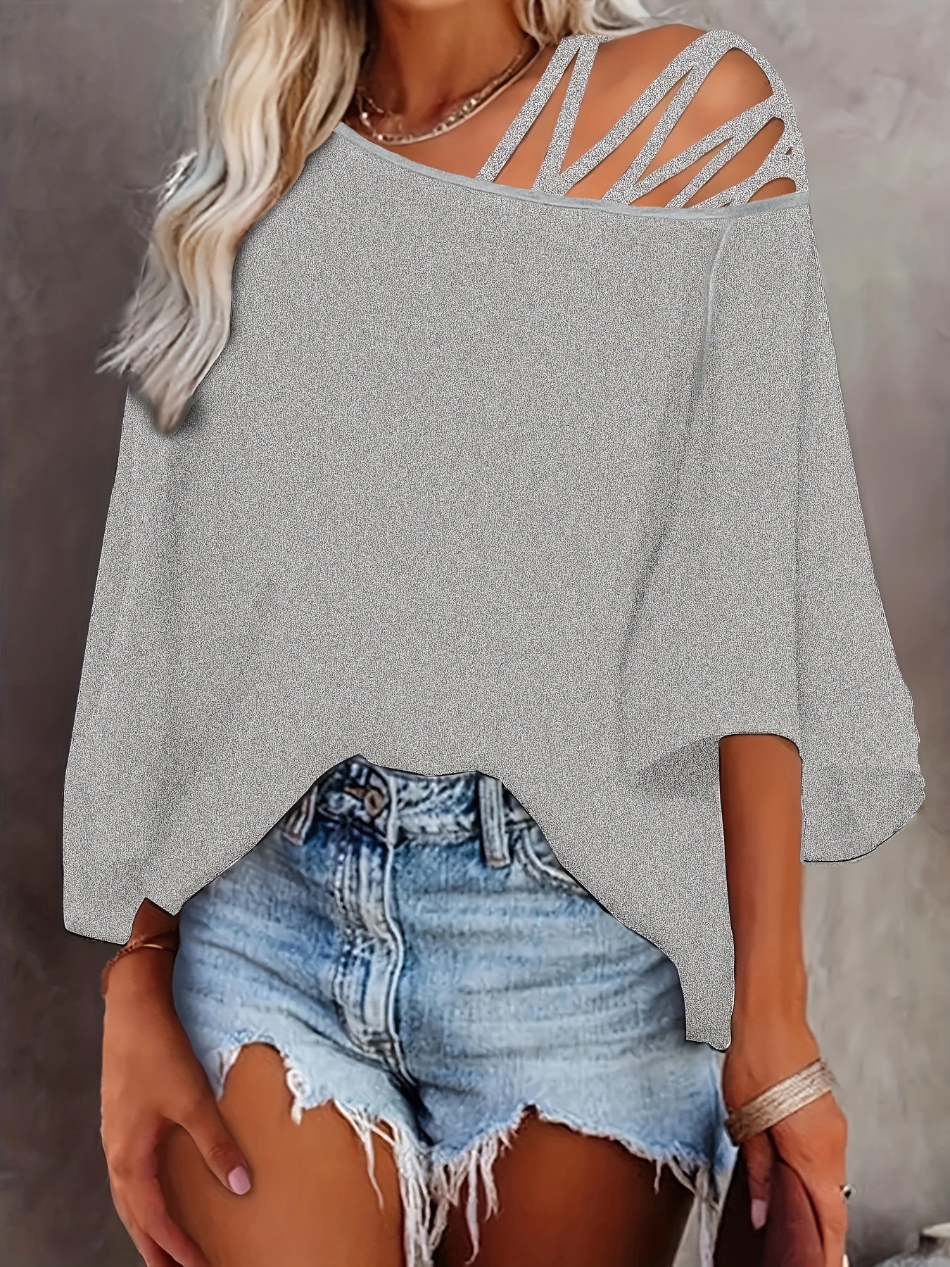 2025 gbolsos  Cold Shoulder Criss Cross T-Shirt, Casual Crew Neck Long Sleeve T-Shirt For Spring & Summer, Women's Clothing