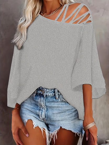 2025 gbolsos  Cold Shoulder Criss Cross T-Shirt, Casual Crew Neck Long Sleeve T-Shirt For Spring & Summer, Women's Clothing