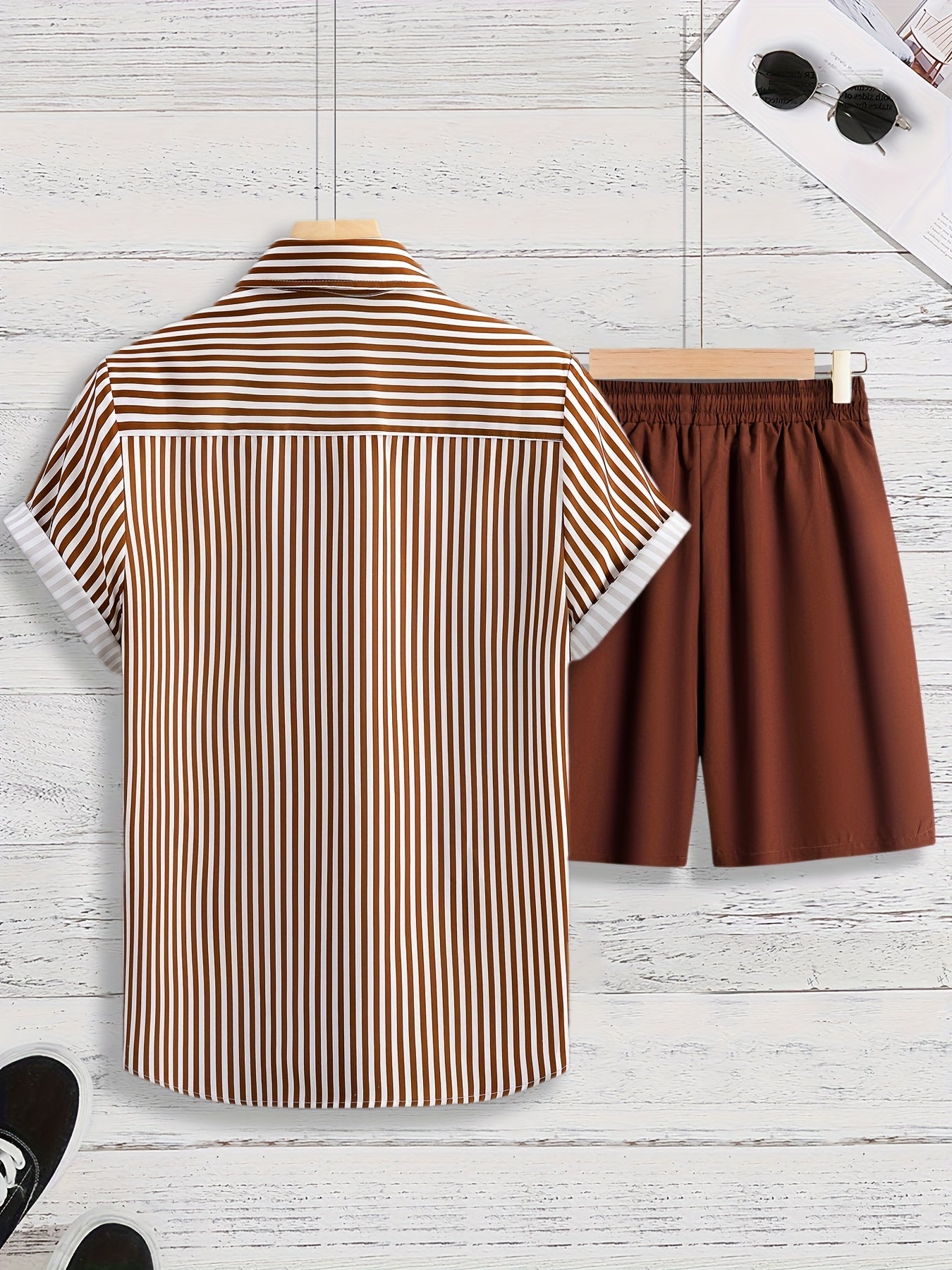 gbolsos  Men's Striped 2pcs, Short Sleeve Button Up Shirt And Drawstring Shorts Set
