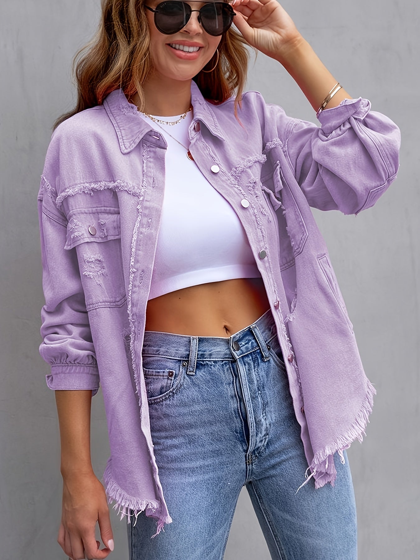 gbolsos  Plain Ripped Holes Lapel Denim Jackets, Distressed Raw Hem Long Sleeves Casual Denim Coats, Women's Denim  Clothing