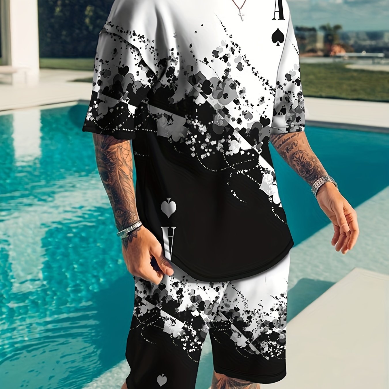 gbolsos   Creative Poker Suits Pattern Print, Men's 2Pcs Outfits, Casual Crew Neck Short Sleeve T-shirt And Drawstring Shorts Set For Summer, Men's Clothing Loungewear Streetwear