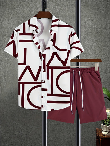 gbolsos  2pcs, Letter Print Everywhere Men's Summer Short Sleeve Button Up Shirt And Shorts Set