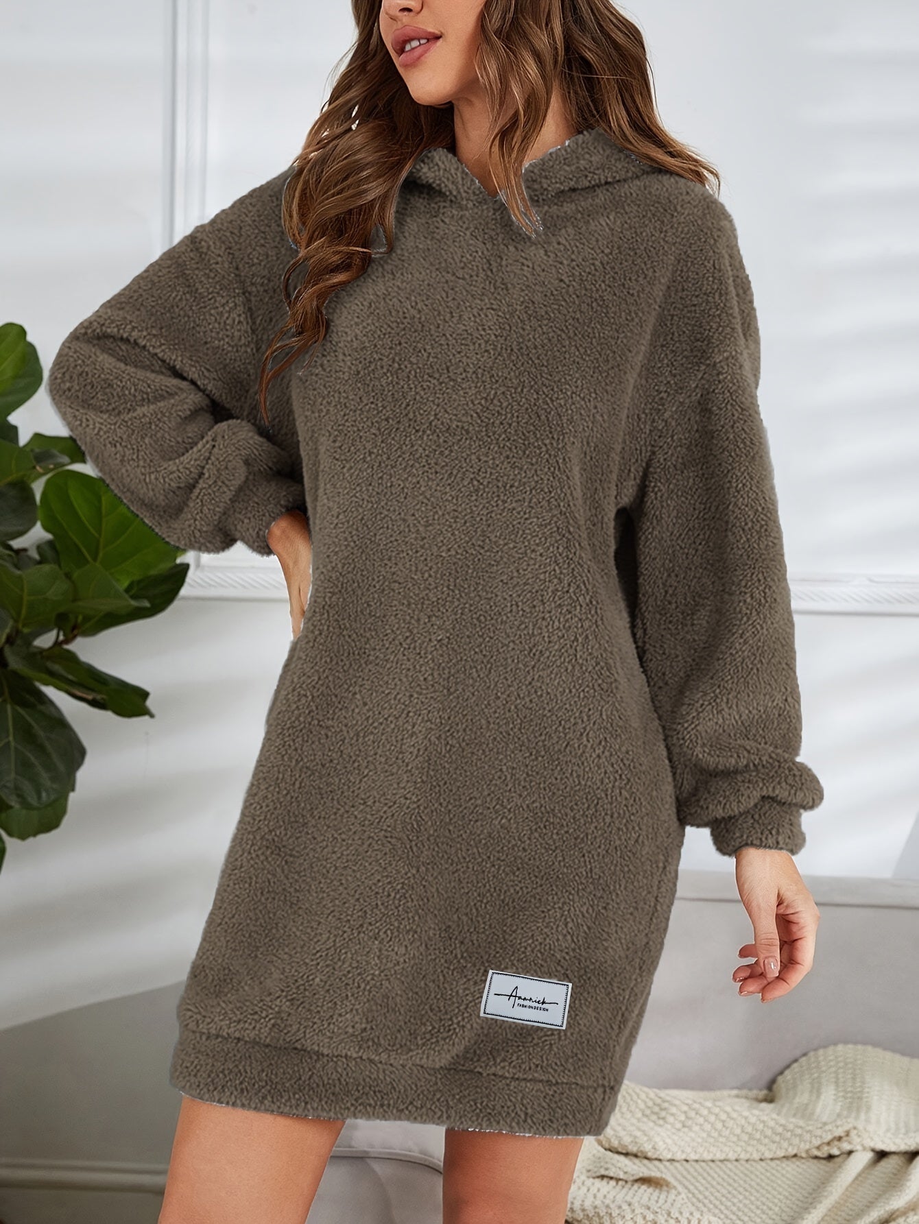 Hooded Teddy Dress, Casual Long Sleeve Simple Warm Dress, Women's Clothing