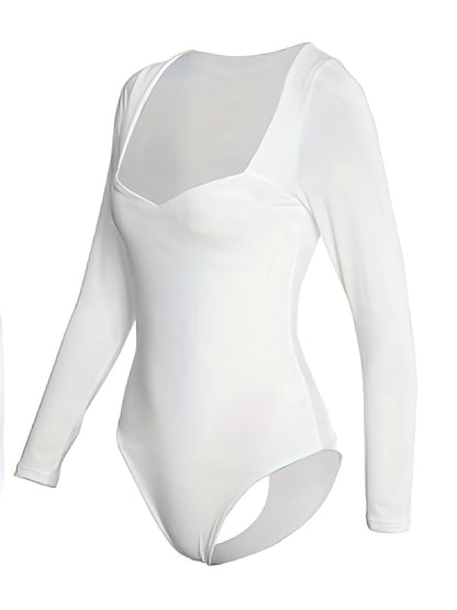 gbolsos  Solid Slim Bodysuit, Sexy Long Sleeve Bodysuit For Spring & Fall, Women's Clothing