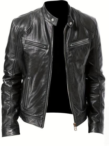 gbolsos  Zipper Pockets PU Jacket, Men's Casual Solid Color Zip Up Stand Collar Faux Leather Jacket For Spring Fall