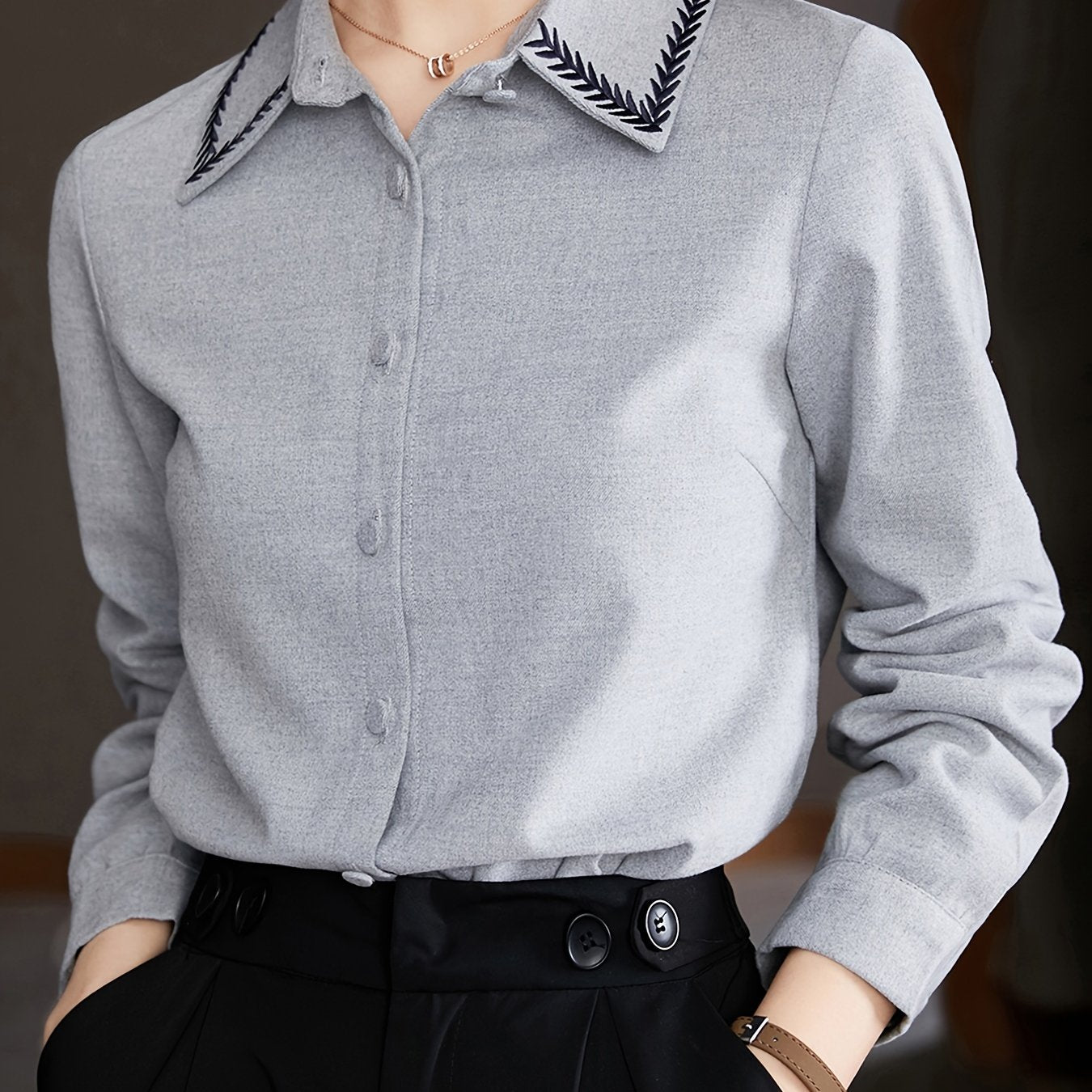 gbolsos  Houndstooth Plaid Polo Collar Button Front Shirt, Casual Solid Long Sleeve Stylish Shirt, Women's Clothing