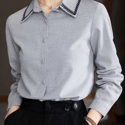 gbolsos  Houndstooth Plaid Polo Collar Button Front Shirt, Casual Solid Long Sleeve Stylish Shirt, Women's Clothing