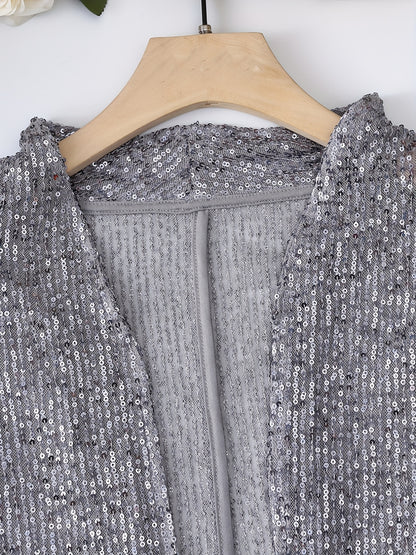 gbolsos  Glitter Sequin Decor Open Front Blazer, Casual Lapel Long Sleeve Blazer, Women's Clothing