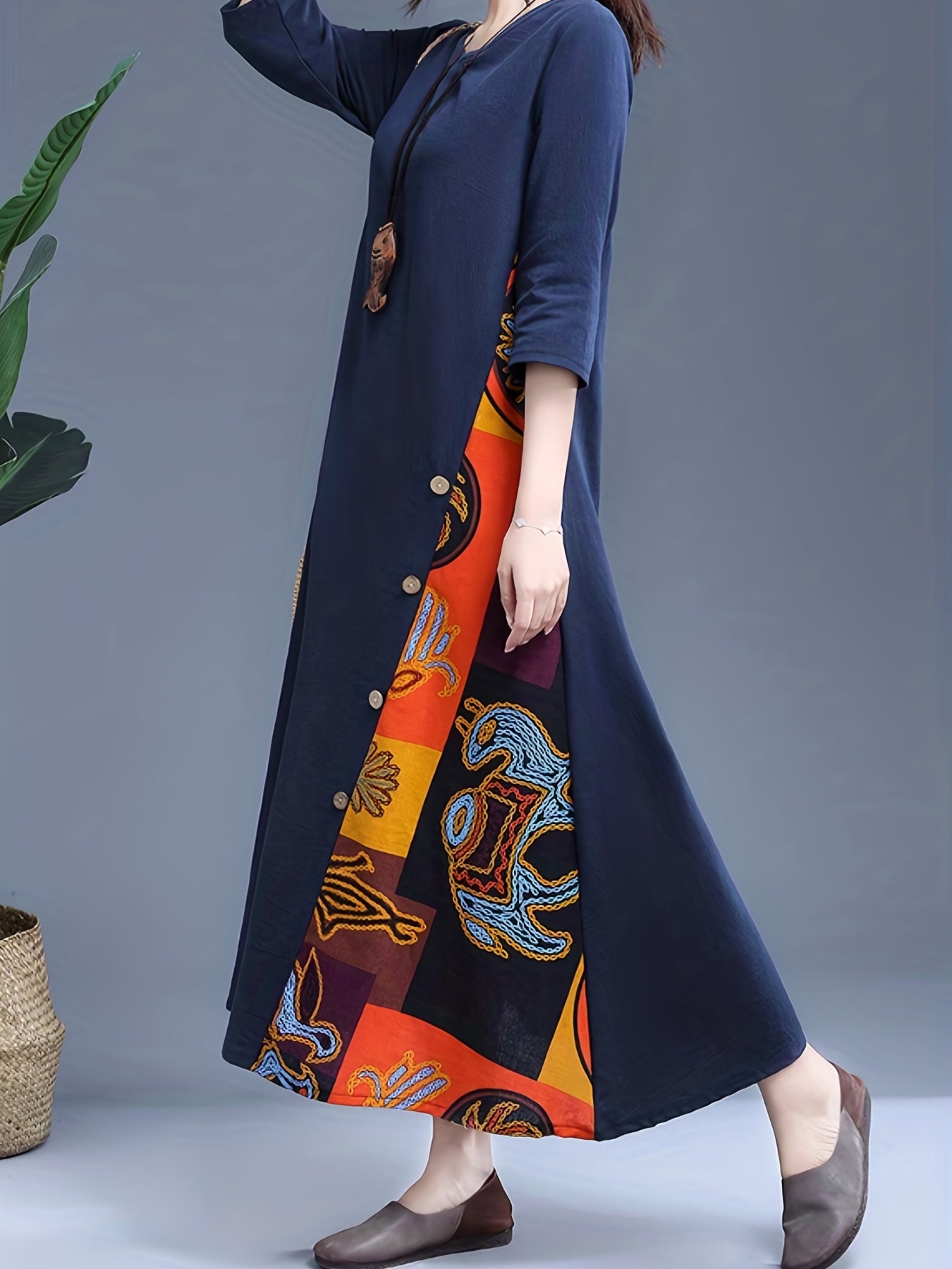 2025 gbolsos  Ethnic Print Splicing Dress, Boho 3/4 Sleeve Crew Neck Maxi Dress, Women's Clothing
