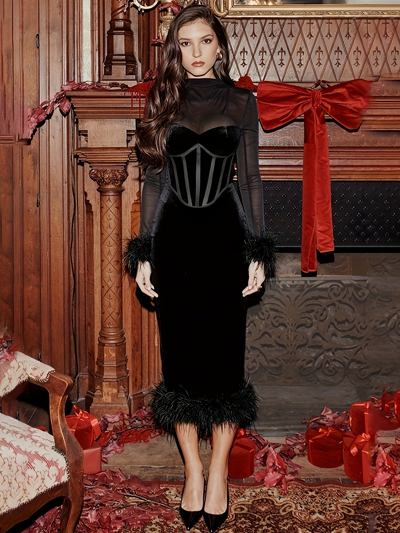 gbolsos  Faux Fur Trim Corset Fit Dress, Stylish Bustier Semi-sheer Mock Neck Long Sleeve Dress, Women's Clothing