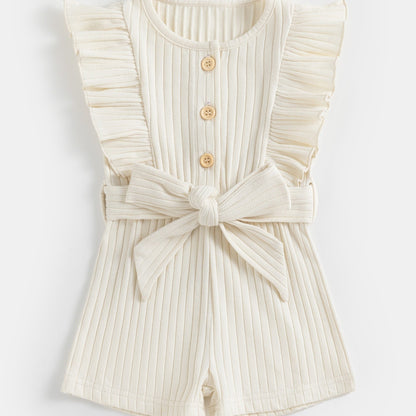 gbolsos  Toddler Summer Ruffle Trim Button Bodysuit With Belt, Baby's Comfy Casual Clothes