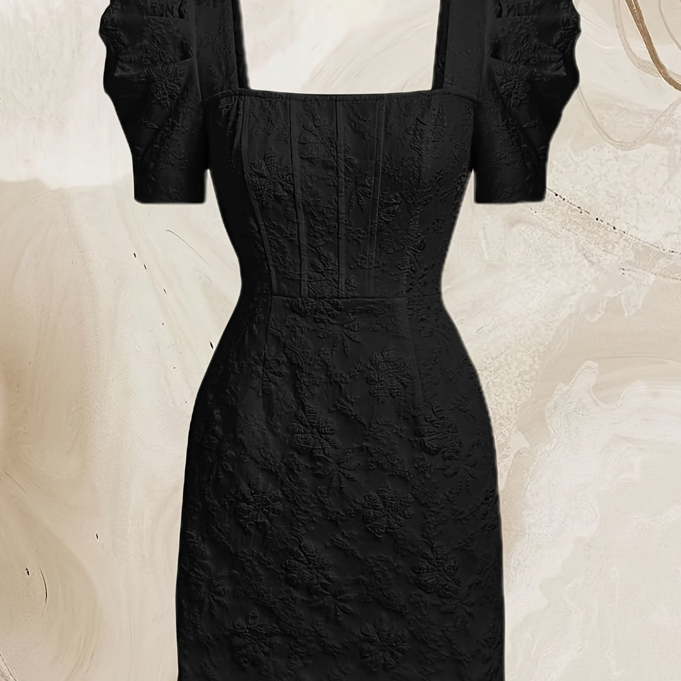 Solid Color Puff Sleeve Dress, Elegant Square Neck Dress For Spring & Summer, Women's Clothing