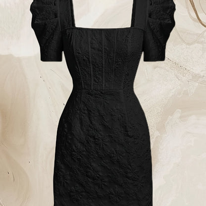 Solid Color Puff Sleeve Dress, Elegant Square Neck Dress For Spring & Summer, Women's Clothing