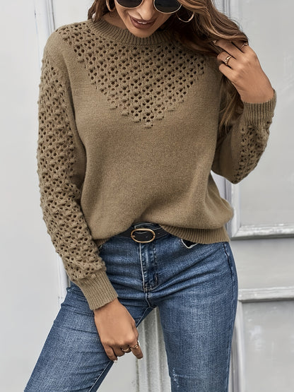 gbolsos  Eyelet Solid Knit Sweater, Casual Crew Neck Long Sleeve Sweater, Women's Clothing