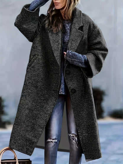 Plus Size Casual Coat, Women's Plus Solid Button Up Long Sleeve Lapel Collar Long Coat