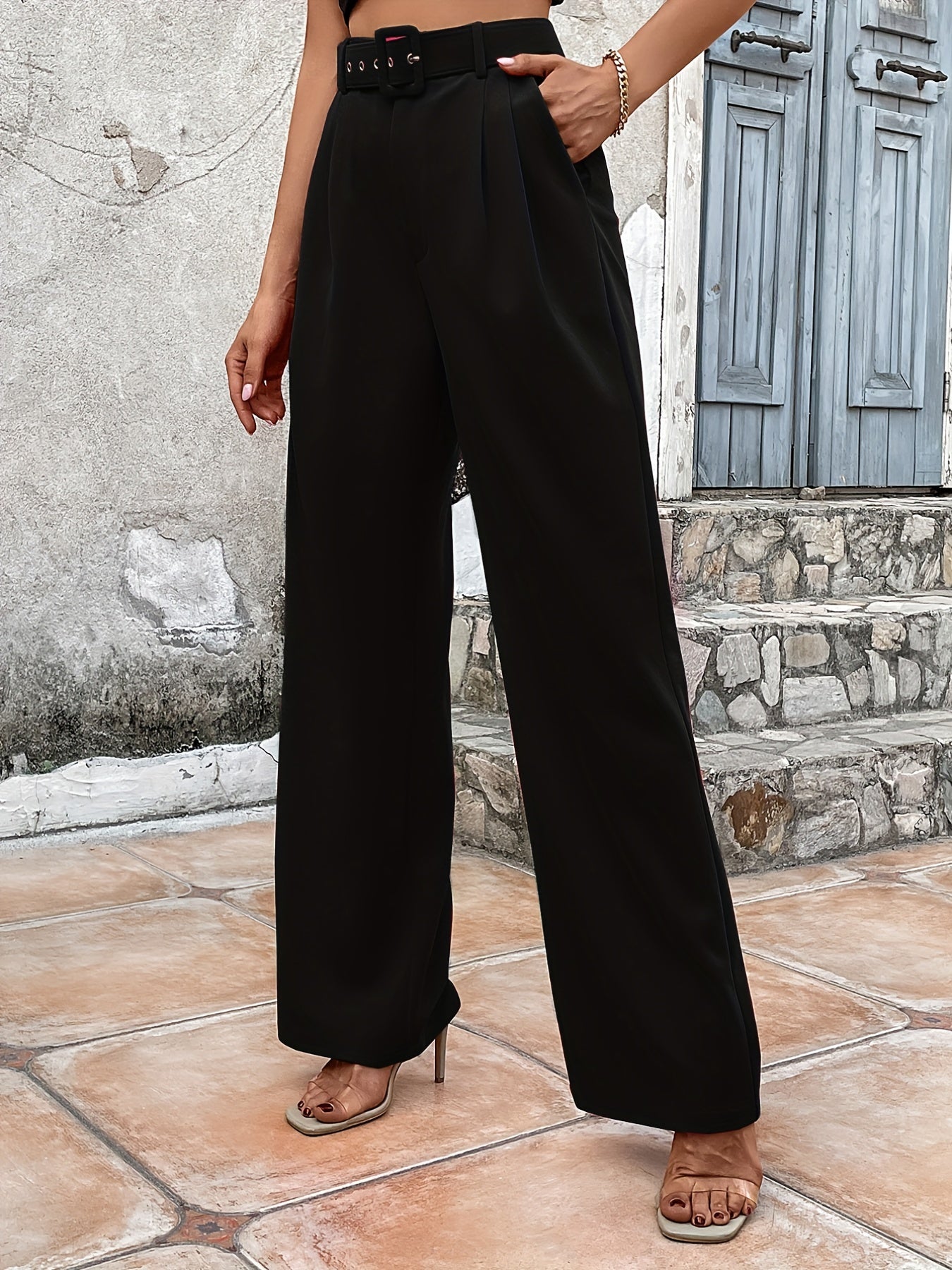 Solid Tailored Pants, Casual Wide Leg Work Office Pants, Women's Clothing