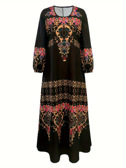 gbolsos  Ethnic Print Lantern Sleeve Dress, Casual Crew Neck Dress For Spring & Fall, Women's Clothing