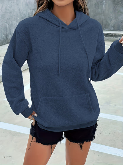 gbolsos  Solid Loose Drawstring Hoodie, Casual Long Sleeve Pocket Hoodies Sweatshirt, Women's Clothing