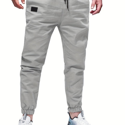gbolsos Woven Cotton Blend Joggers, Men's Casual Solid Color Slightly Stretch Drawstring Pants For Spring Summer