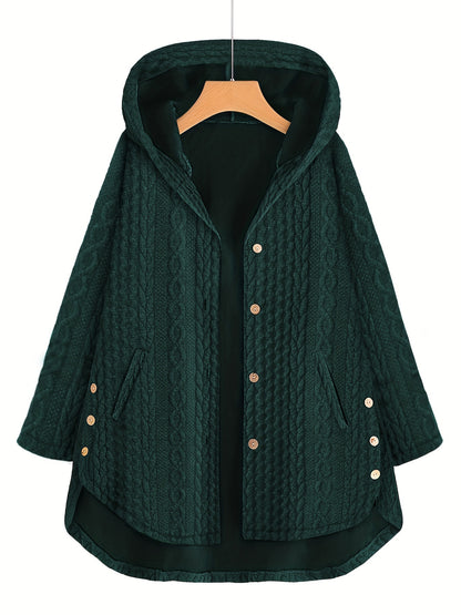 gbolsos  Slant Pocket Hooded Coat, Casual Long Sleeve Button Thermal Coat, Women's Clothing