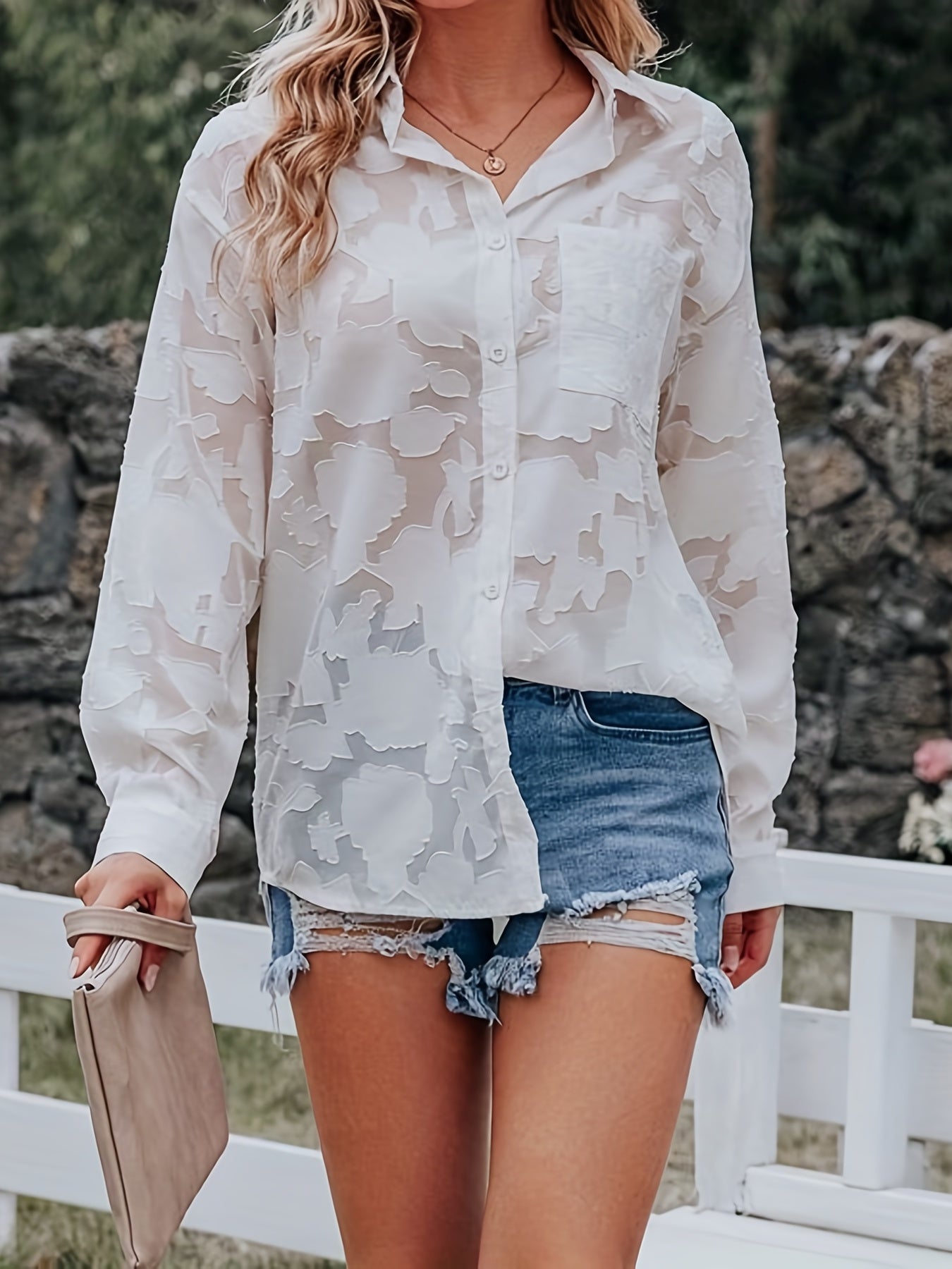 Chiffon Jacquard V-neck Lapel Blouses, Casual Loose Button Down Long Sleeve Fashion Shirts Tops, Women's Clothing
