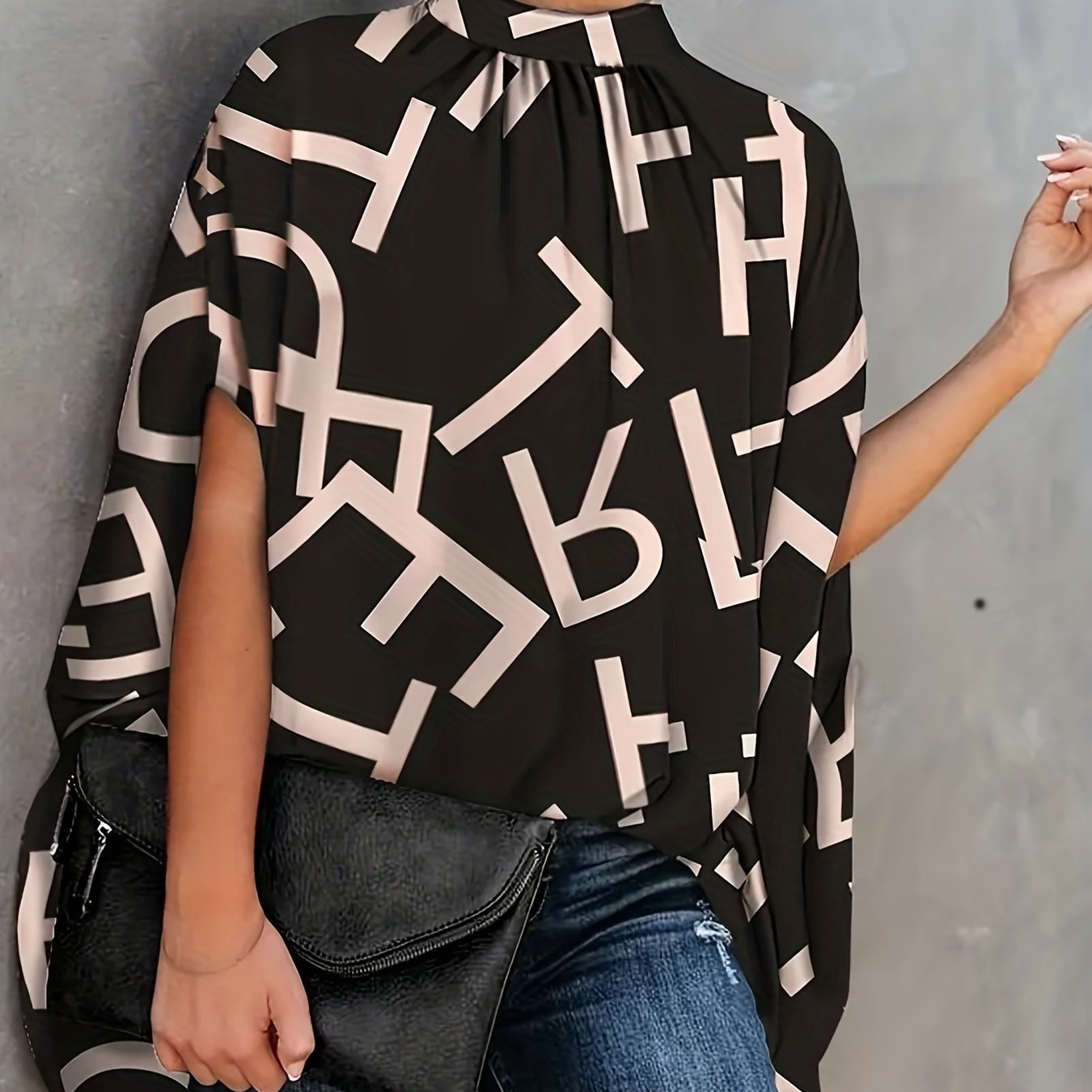 gbolsos  Plus Size Elegant Blouse, Women's Plus Letter Print Bat Sleeve Mock Neck Slight Stretch Blouse