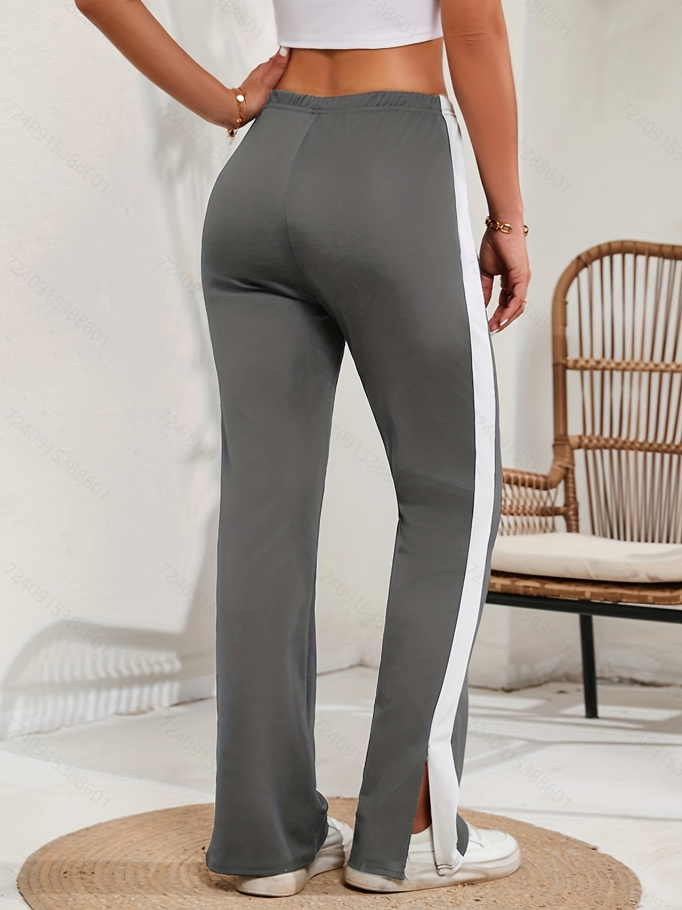Striped Print Pants, Casual Color Block Split High Waist Wide Leg Pants, Women's Clothing