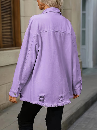 Dark Blue Raw Hem Denim Jackets, Long Sleeves Ripped Holes Flap Pockets Lapel Denim Coats, Women's Denim Clothing