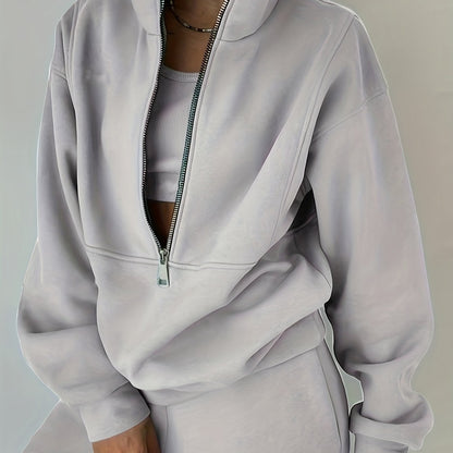 Casual Matching Two-piece Set, Zip Up Sweatshirt  & Solid Sweatpants Outfits, Women's Clothing