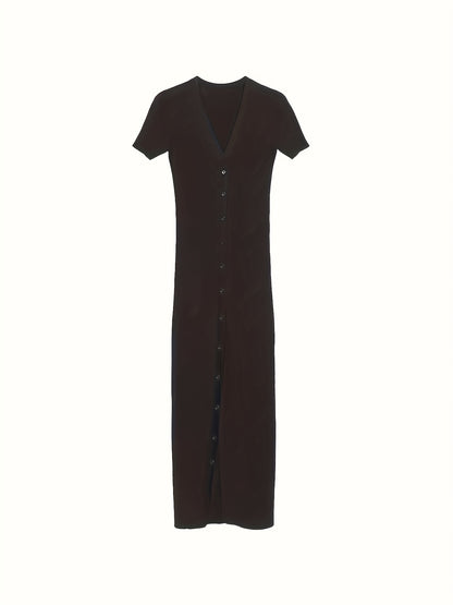 gbolsos  Button Front V Neck Short Sleeve Dress, Sexy Split Maxi Slim Dress, Women's Clothing