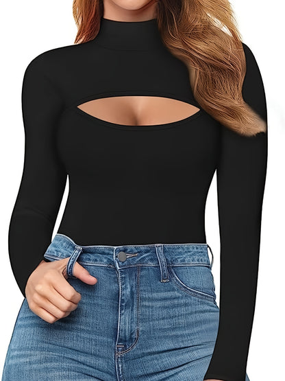 gbolsos  Plus Size Sexy Bodysuit, Women's Plus Solid Cut Out Front Long Sleeve High Neck Slim Fit Bodysuit