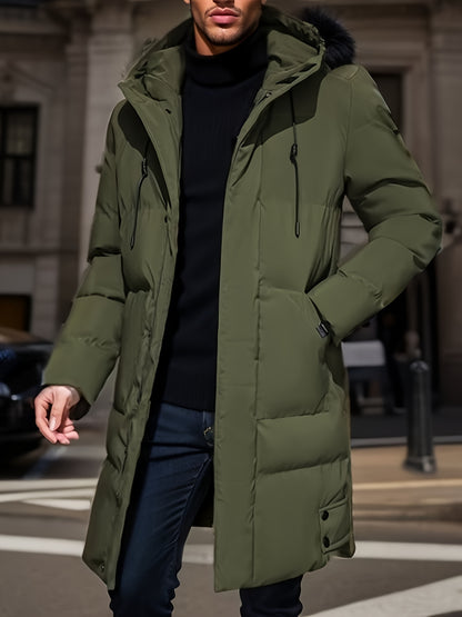 gbolsos  Warm Hooded Mid-length Jacket, Men's Casual Zip Up Cotton Padded Jacket Overcoat For Fall Winter Outdoor