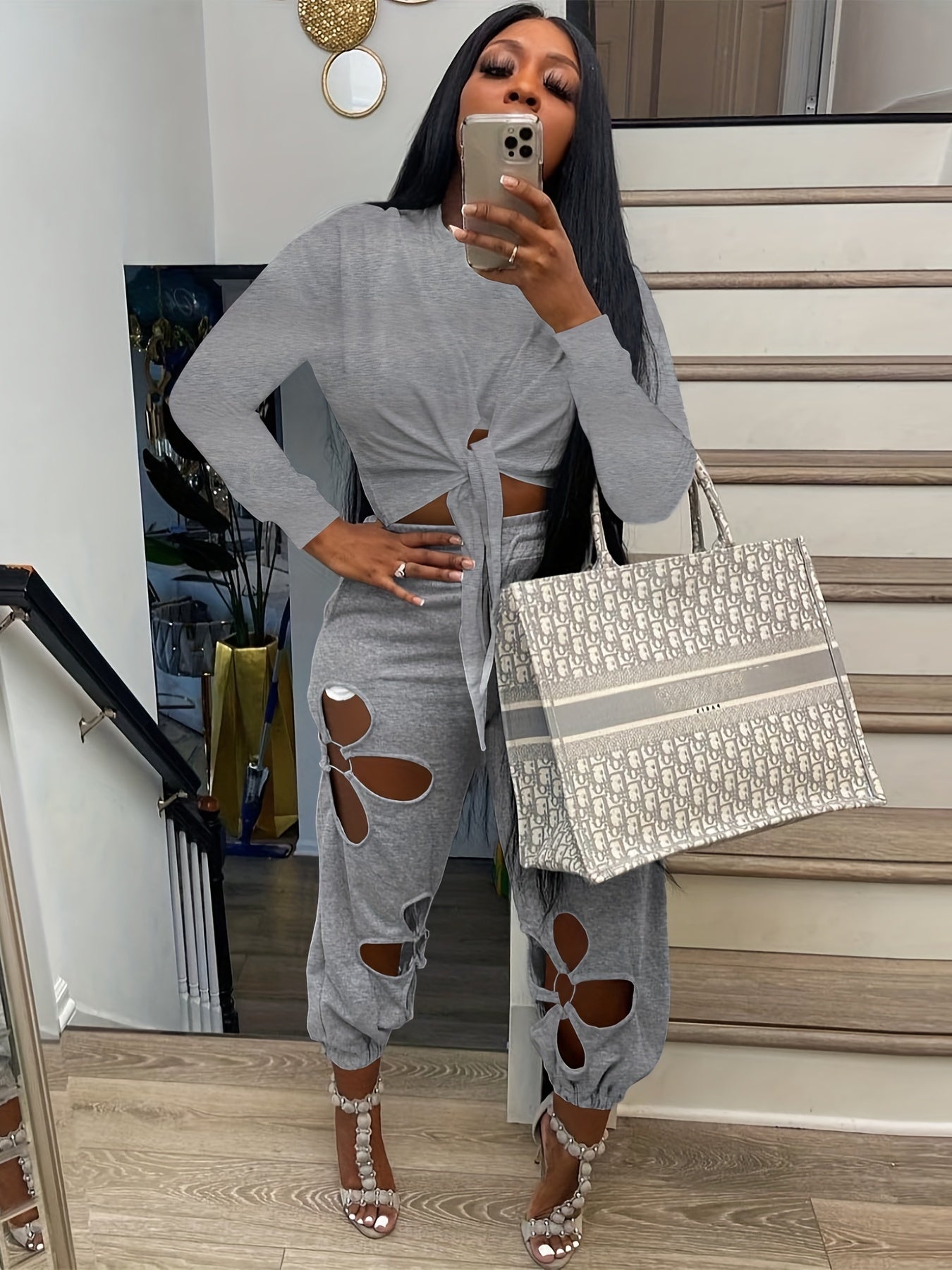 gbolsos  Solid Sexy Two-piece Set, Knotted Long Sleeve Tops & Cut Out Long Length Pants Outfits, Women's Clothing
